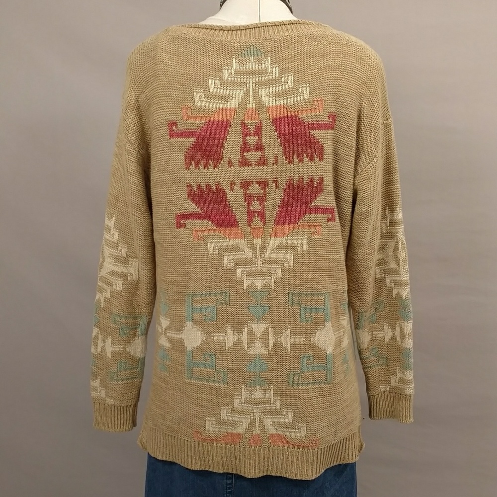 Soft Cotton Linen Blend Knit Sweater Native Neutral Tan & Soft Colors Turquoise - Picture 3 of 8